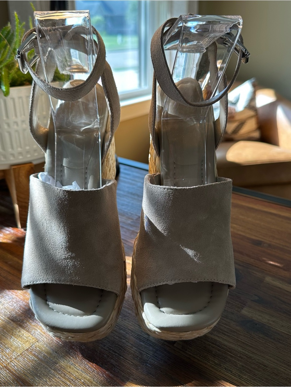 Marc Fisher Taupe Suede Espadrille Wedge Sandals with Ankle Strap
